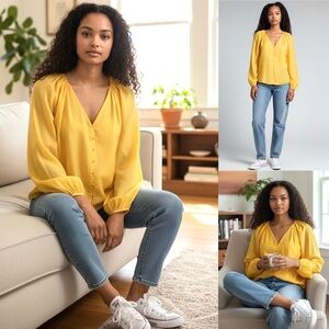 ANTONIO MELANI Rena Silk Blouse Pleated Neck Button Front Balloon Long Sleeve